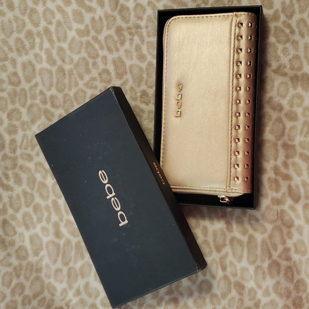 Bebe Brooklyn Zip Studded Gold Wallet
